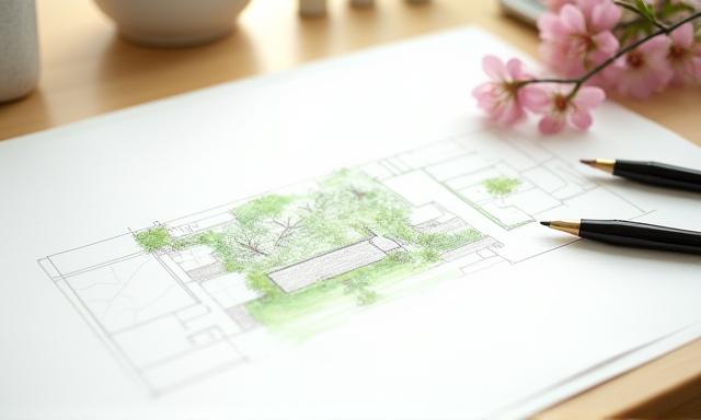 Architectural landscape sketch and moodboard on a light wood desk