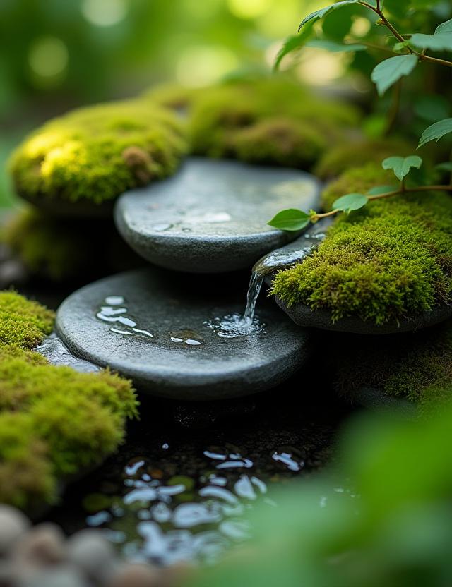 Lush garden installation detail showing sustainable stones and water feature