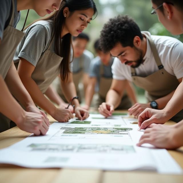 The Ikigai Garden Works team collaborating on a site plan at their Chiyoda workshop