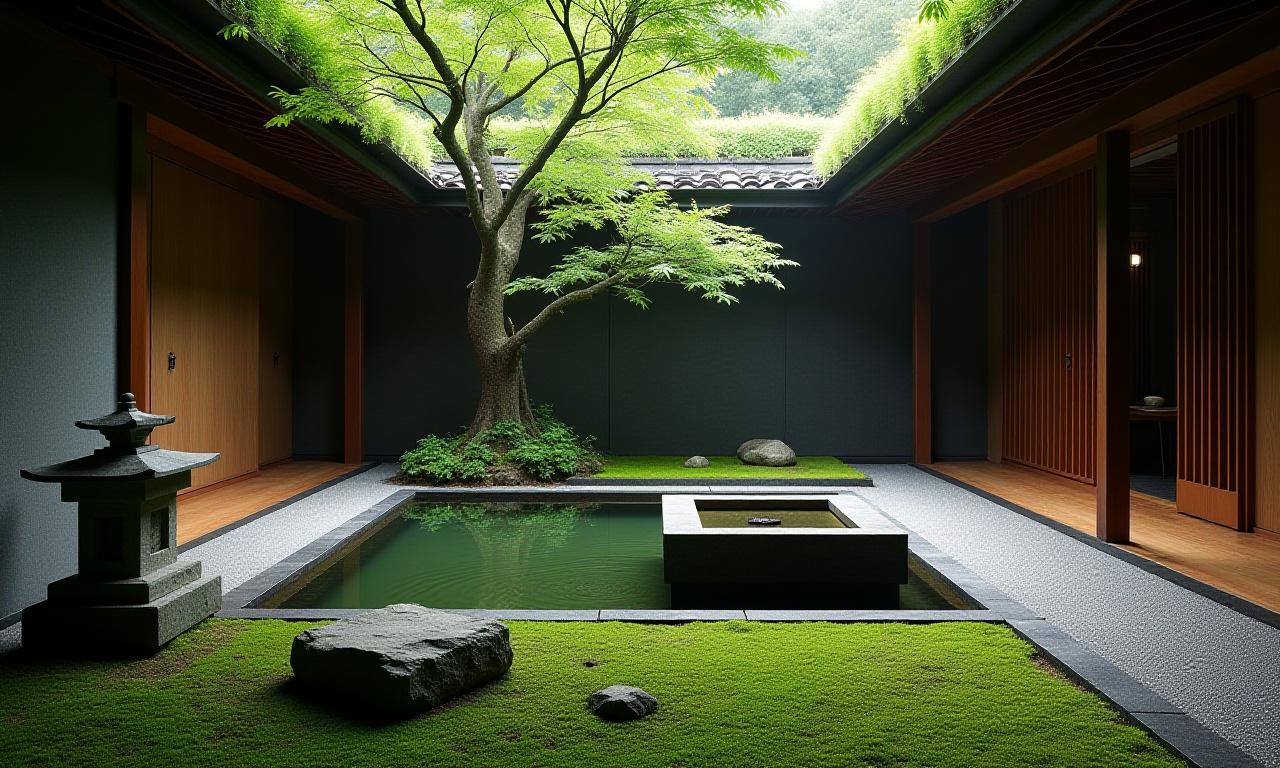 Serene Japanese courtyard garden in Chiyoda with moss and stone lanterns