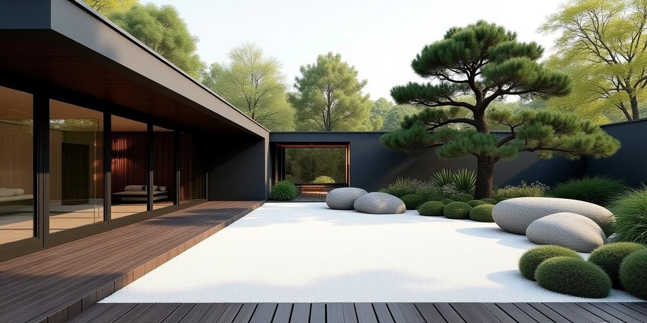 Panoramic view of a modern Japanese zen garden in Chiyoda